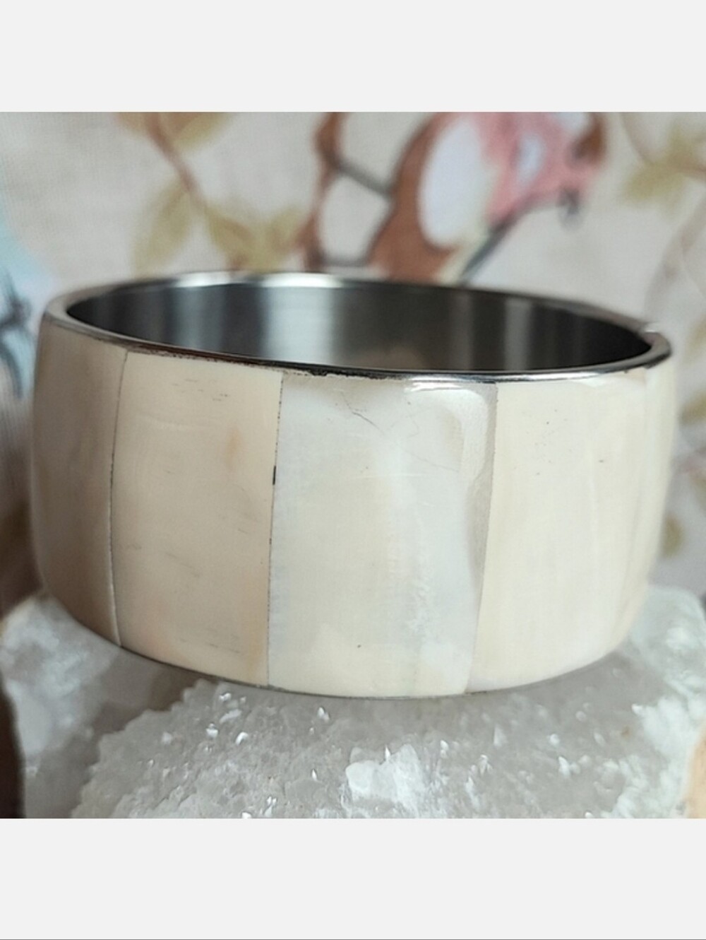 Shell Tiled Cream Silver Tone Bangle Bracelet Artisan Bohemian